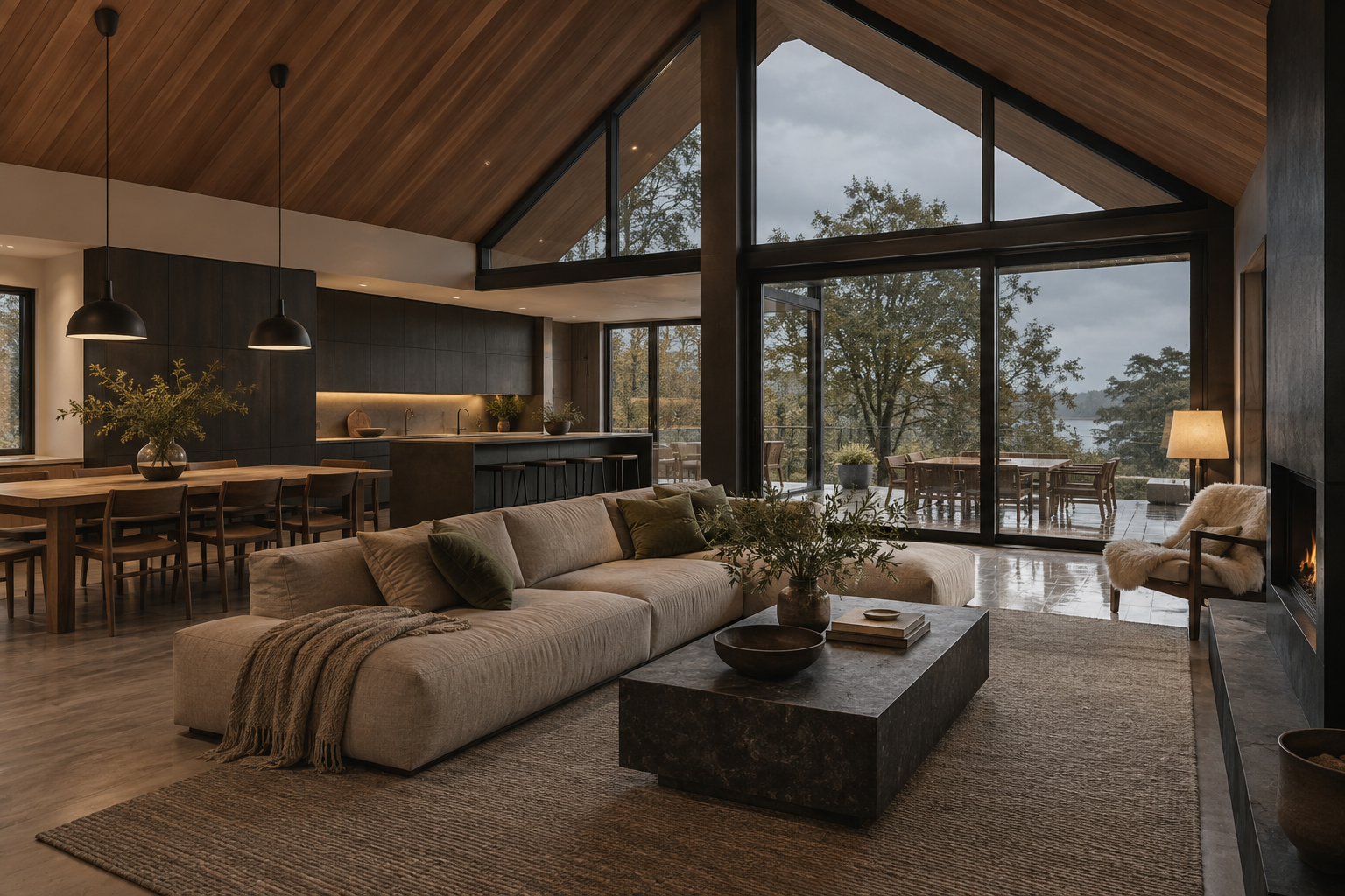 Interior cálido de Horizonte 165 con madera y amplios ventanales