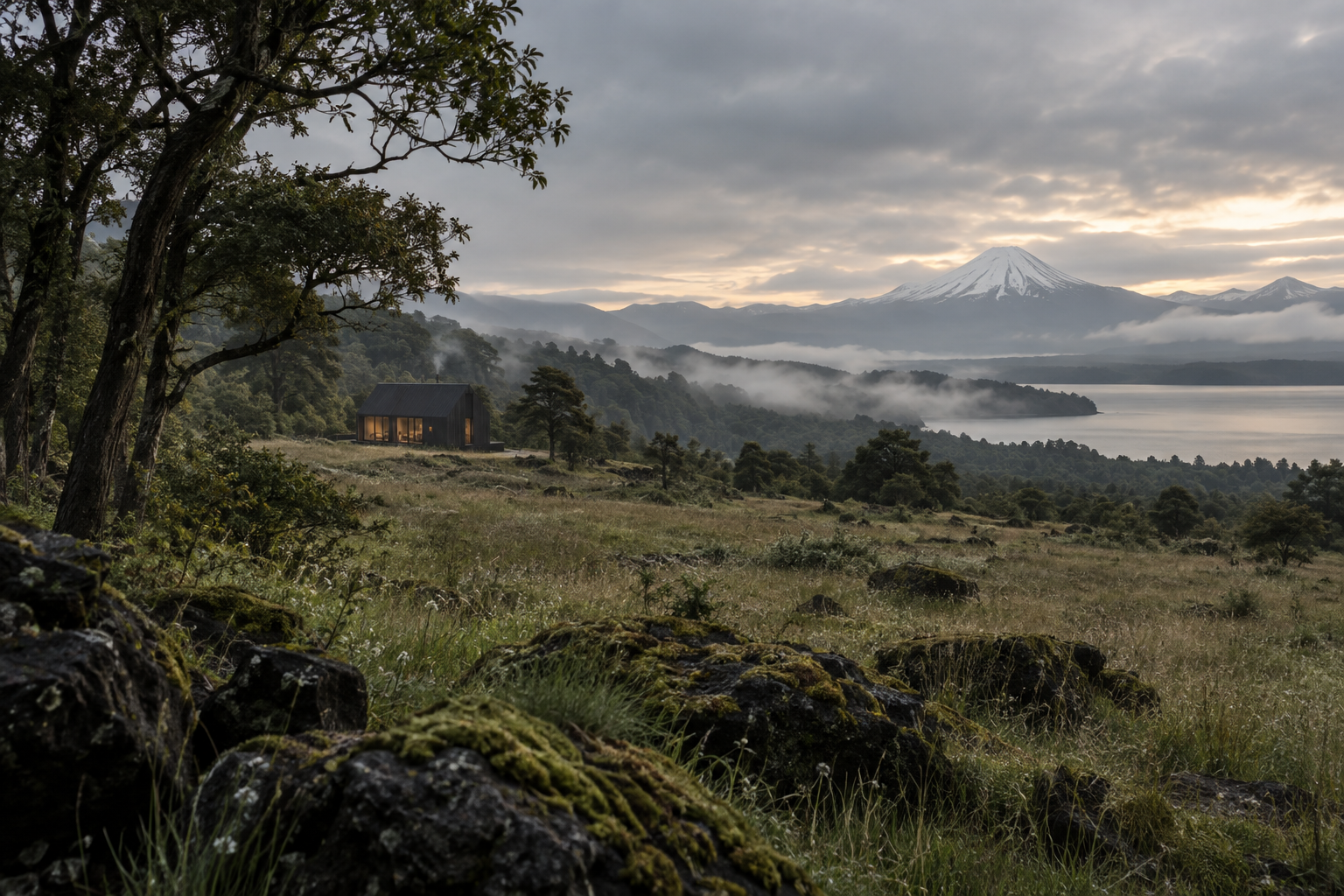 Pradera, lago y volcán después de la lluvia en el sur de Chile