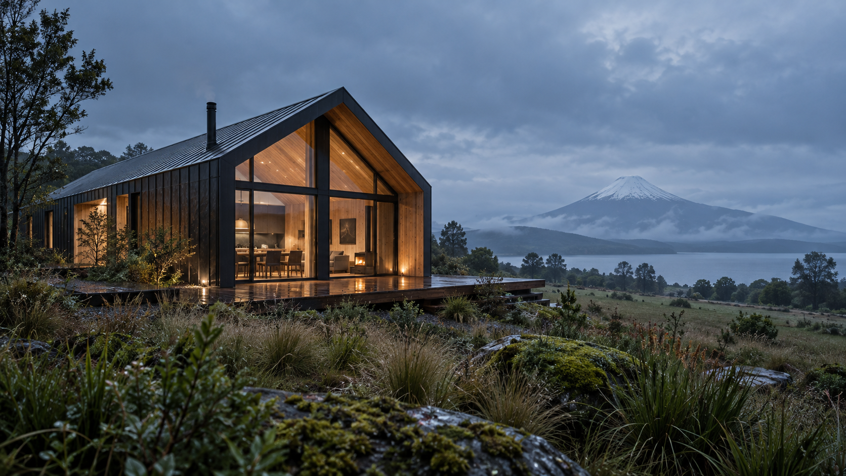 Casa contemporánea de madera y metal oscuro en un paisaje lluvioso del sur de Chile